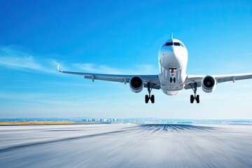 A Commercial Airplane Ascends Gracefully Into the Clear Blue Sky From a Bustling Airport Runway