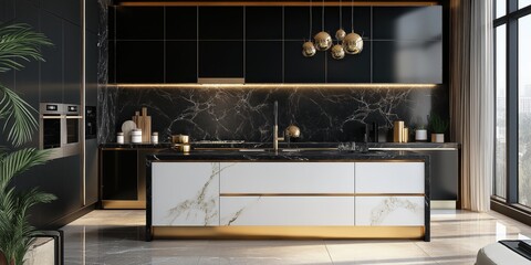 A contemporary, chic kitchen featuring stylish black and white cabinets, golden fixtures, created by ai