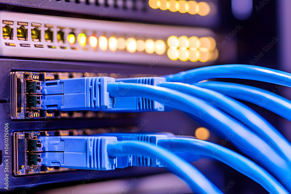 Poster network switch or router with cables | data center equipment, internet connectivity, it infrastructu