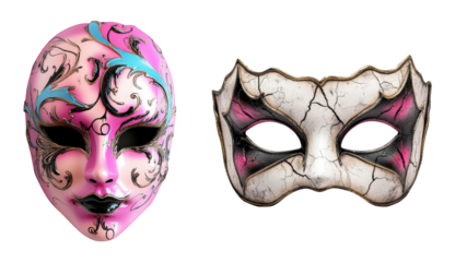 Venetian carnival masks pink and white isolated on a white background traditional festive costume accessory masquerade disguise theater party celebration Mardi Gras fashion colorful decorative face