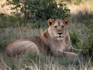 Obraz premium Lioness gazing off in grass