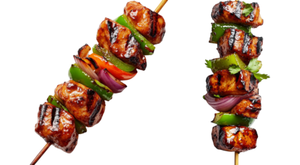 Grilled Chicken skewers kebabs with vegetables isolated on white background BBQ food party summer picnic concept with grilled meat and vegetables on stick delicious kebabs with grilled chicken