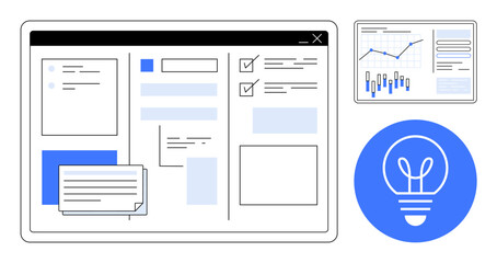 Data analytics dashboard displaying charts, graphs, task lists, and text entries. Ideal for business strategy, project management, data visualization, productivity, digital marketing, research