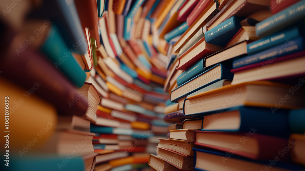 Poster vibrant round bookshelf in public library with colorful books