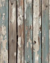 A close up of a rustic wooden fence with peeling paint and weathered texture, photorealistic