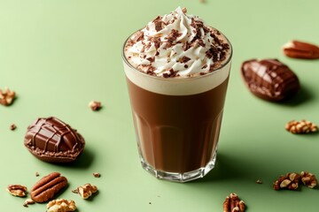 Creamy chocolate drink topped with whipped cream and chocolate shavings