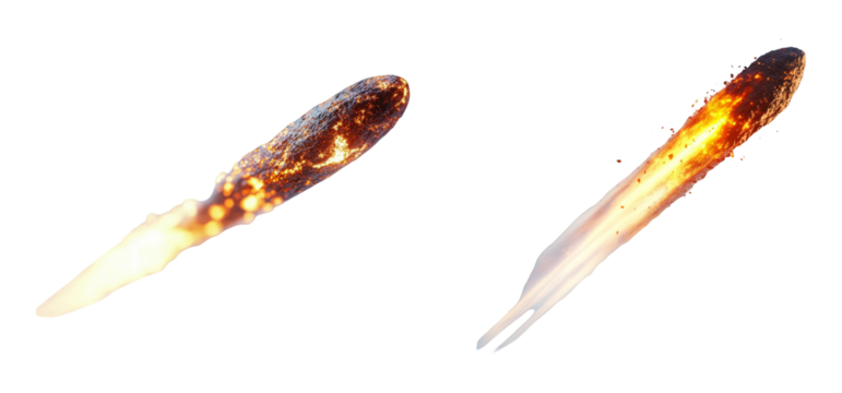 Burning asteroid or meteor isolated on white background cosmic explosion science fiction elements fireball and debris 3d render illustration astronomy danger concept apocalypse doomsday