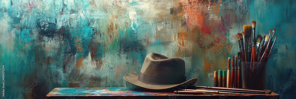 Aufkleber A hat lies next to paint tubes and brushes on an easel, surrounded by an inspiring array of colors reflecting artistic passion. Generative AI