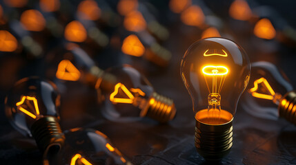 One glowing lightbulb among many turned off, symbolizing creative thinking, problem solving, and outstanding ideas.