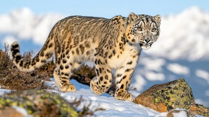 Fototapeta premium Majestic Snow Leopard Walking in Serene Mountains
