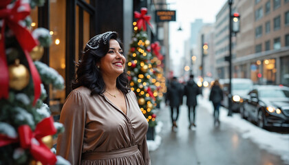 Fototapeta premium Plus-sized woman stands on a city street, embracing the festive atmosphere of Christmas. She is adorned in a stylish brown dress. 