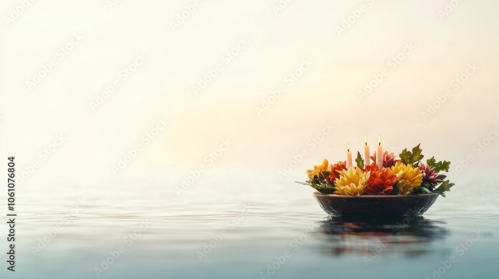 Poster experience the serenity of a luminescent krathong floating gracefully on calm waters at dusk