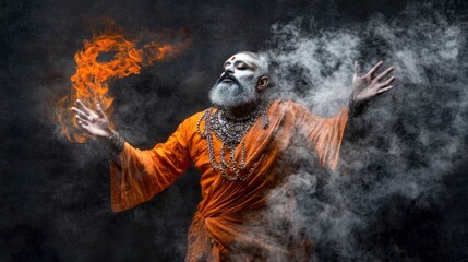 Fototapeta premium Experience the intensity of a firewalking shaman in a stunning portrait of transformation