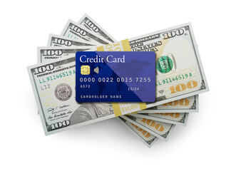 Fifty Thousand Dollars Stack of One Hundred Dollar Bills with a Credit Card on Top Isolated. Transparent PNG.