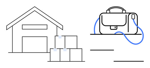 Warehouse with stacked boxes representing storage and logistics next to a business briefcase symbolizing professional work. Ideal for logistics, supply chain, business, storage solutions, work-life