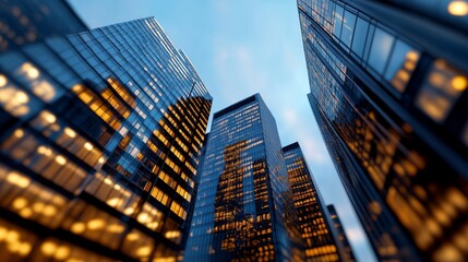 Fototapeta premium Urban architecture skyscrapers reflections bokeh innovation progress. AI generated