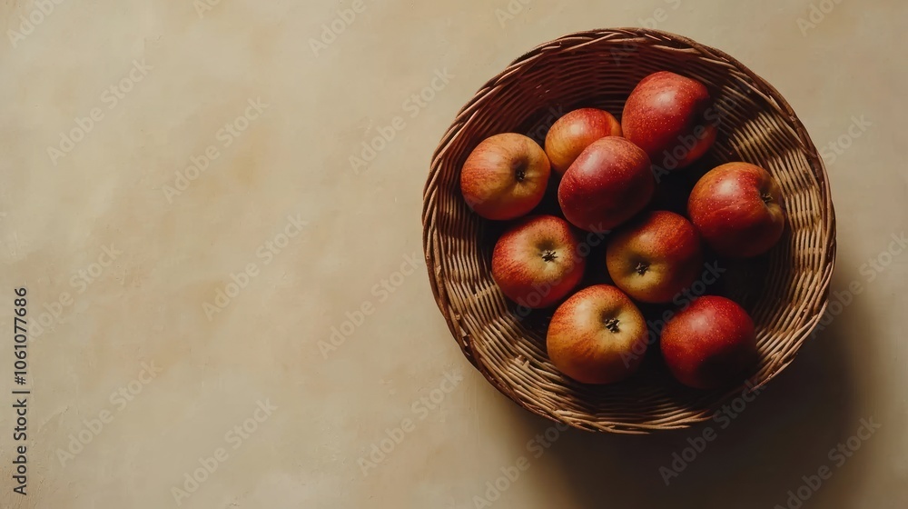 Poster red apples in a wicker basket on a beige surface