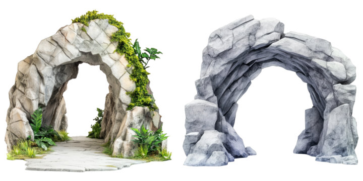 Stone arch entrance with pathway and plants isolated on white background rock formation cave archway entrance with green moss decorative stone arch with plants ancient ruins natural rock arch fantasy