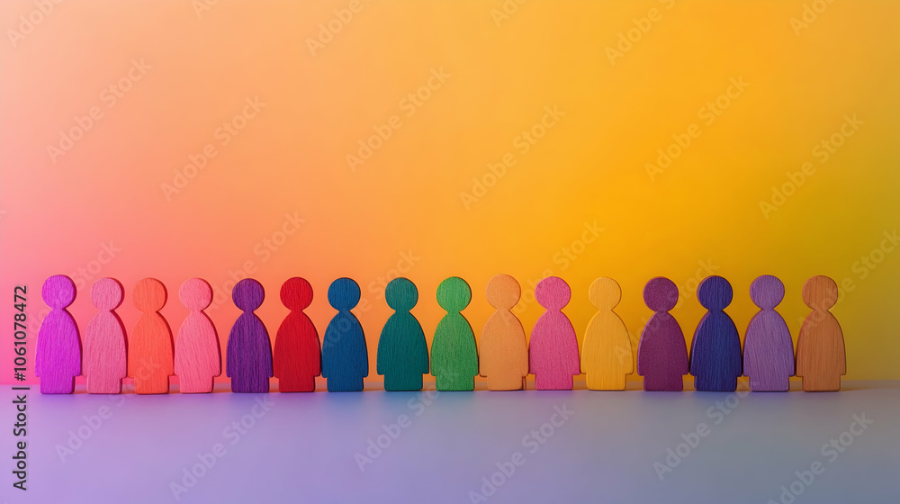 Poster rainbow-colored wooden figures arranged on a gradient background representing diversity and inclusio