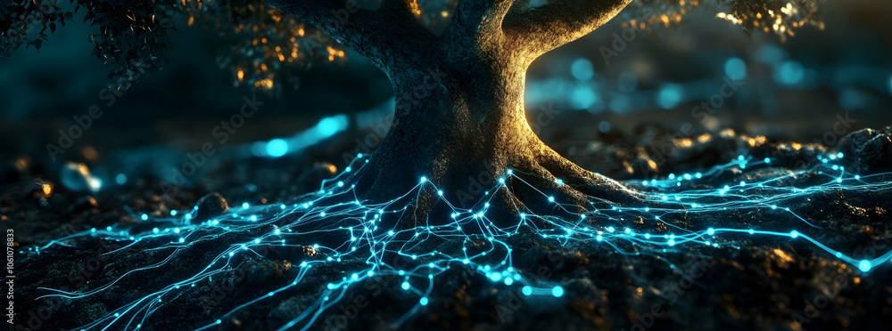 Poster single tree with glowing blue roots and connection points, symbolizing technology and interconnected