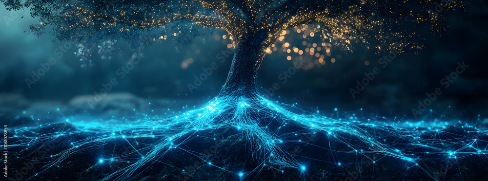 Poster single tree with glowing blue roots and connection points, symbolizing technology and interconnected