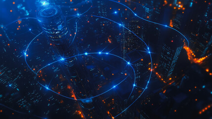 Obraz premium Smart digital city with connection cyber security network reciprocity over the cityscape . future smart wireless digital city and social media networking systems that connects people within the city
