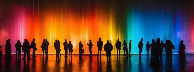 Silhouettes of people in front of a mesmerizing, colorful light installation, creating an atmosphere of wonder and exploration  -