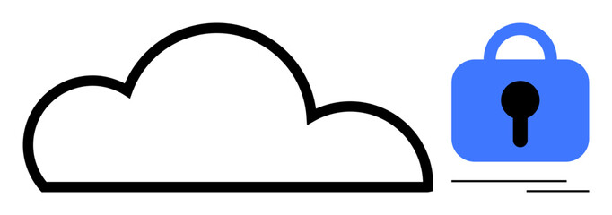 Black outline of a cloud next to a blue lock symbolizing secure cloud storage and data protection. Ideal for cloud storage, data security, internet privacy, cybersecurity concepts, online protection