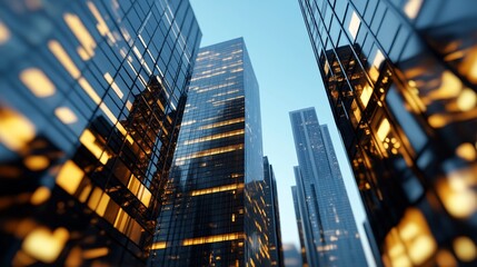 Fototapeta premium Urban architecture skyscrapers reflections bokeh innovation progress. AI generated