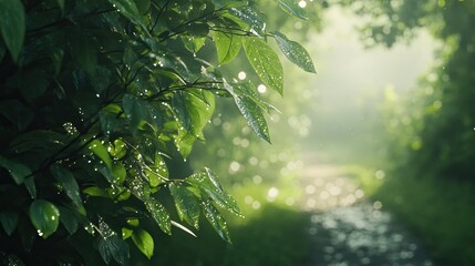 Close-up of lush green leaves glistening with raindrops, creating a serene and refreshing atmosphere.
