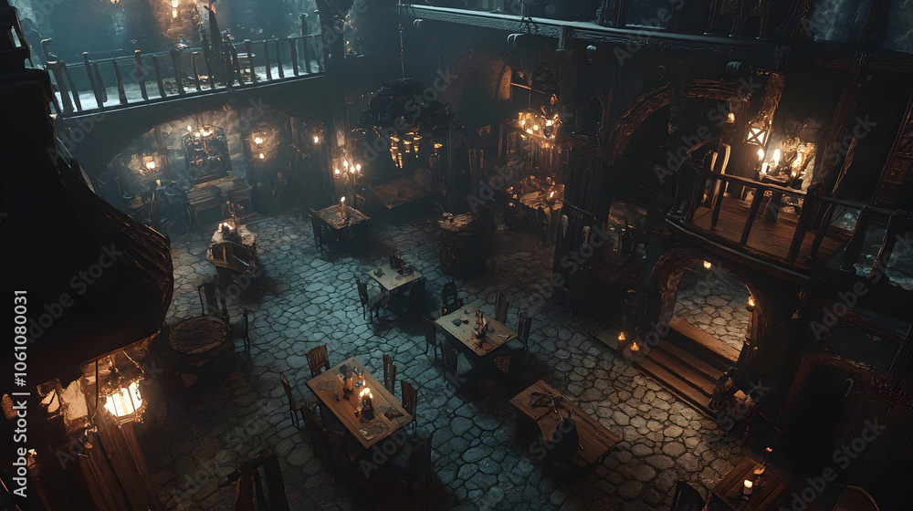 Aufkleber vertical view of a fantasy tavern setting filled with enchanting elements -