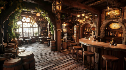 Fototapeta premium Vertical view of a fantasy tavern setting filled with enchanting elements -