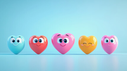 Colorful cartoon hearts with cute faces in a playful lineup on a light background