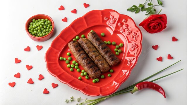Romantic kebapche on red plate - perfect for Valentine's Day food blogs, recipe websites, or romantic dinner ideas