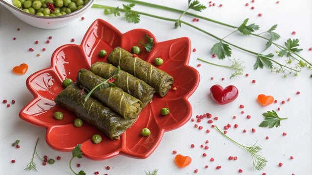 Sarmi on vibrant red plate - perfect for Mediterranean recipe blogs, food photography websites, or healthy eating cookbooks