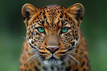Fototapeta premium Portrait of a Leopard with Intense Green Eyes Standing in the Grasslands of Thailand, Highlighting Sharp Face Details and Sleek Fur Texture 