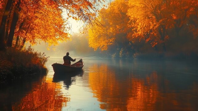 A lone man in a rowboat fishes in a tranquil lake surrounded by vibrant fall foliage.