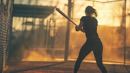 A woman in a black t-shirt and pants bats during a baseball game in the late afternoon.