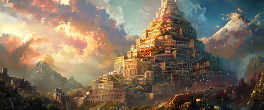 Illustration of Babylon tower in bible, a concept of evil task against god will