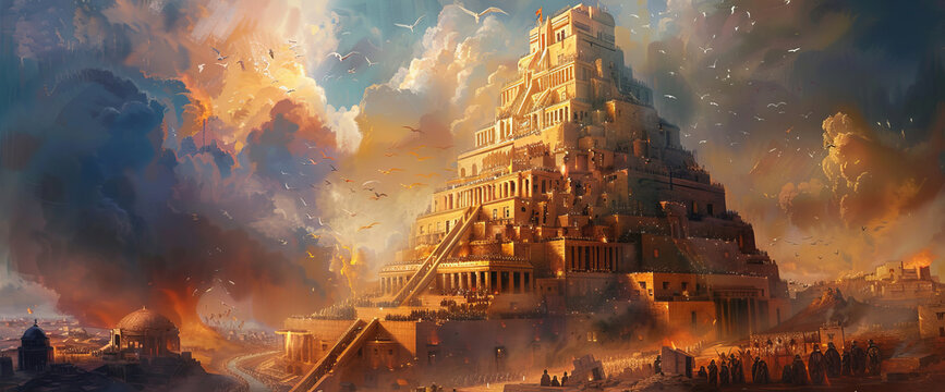 Illustration of Babylon tower in bible, a concept of evil task against god will