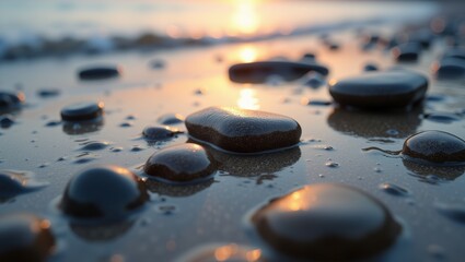 Close up of various beach stones in the wet sand on the shoreline of a sunset beach