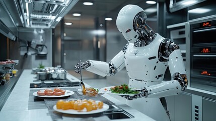 A white humanoid robot prepares a meal in a futuristic kitchen.