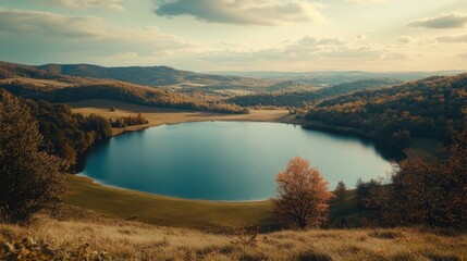 Fototapeta premium A serene lake nestled in the heart of a lush valley, surrounded by rolling hills and a vibrant sky. The calm water reflects the surrounding nature, creating a breathtaking scene.