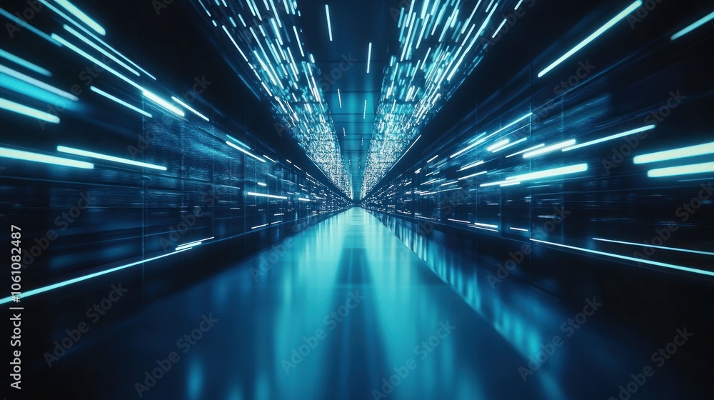 Poster an abstract representation of a futuristic, digital tunnel with glowing blue lines on the walls and 