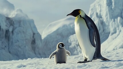 Fototapeta premium A majestic emperor penguin with its baby chick, standing on the snow-covered ground of Antarctica