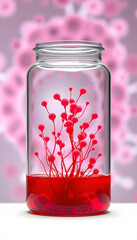 Stem cells cultivated red growth medium in a culture jar with the microscope image of the cell structure in the background isolated with white highlights, png
