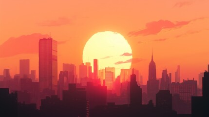 A detailed pixel art illustration showcasing a city skyline during sunset