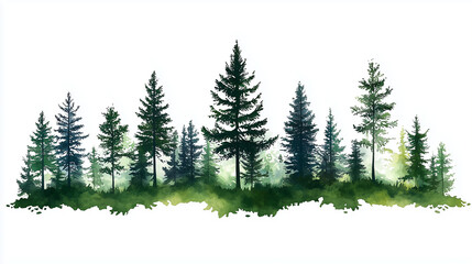 Fototapeta premium pine trees isolated on white background, conifer and evergreen tree line.. - a painting of mature pines and assorted trees - book illustration, watercolor painting