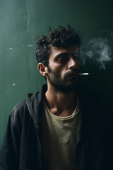 Man with dark hair and beard smoking a cigarette portraying a criminal, or drug addict or homeless person