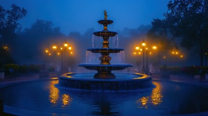 Majestic Fountain in the Misty Twilight